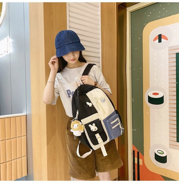 Retro Contrast Color Student Schoolbag Female Harajuku Large Capacity